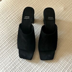 Jeffrey Campbell black suede open toed 3 inch slip on Mules size 8 1/2
